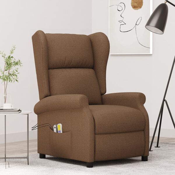 vidaXL Fotel uszak z masażem, elektryczny, brązowy, obity tkaniną