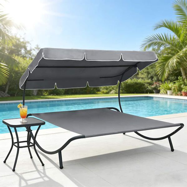 vidaXL Leżak ogrodowy z baldachimem, szary