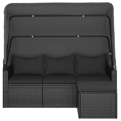 vidaXL 3-os. sofa ogrodowa z daszkiem i podnóżkiem, polirattan, czarna