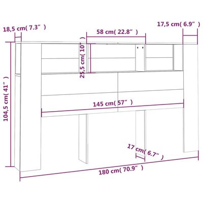 vidaXL Wezgłowie łóżka z półkami, przydymiony dąb, 180x18,5x104,5 cm