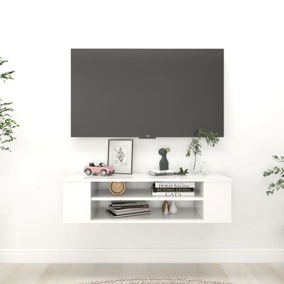vidaXL Wisząca szafka TV, biała, wysoki połysk, 100x30x26,5 cm, płyta