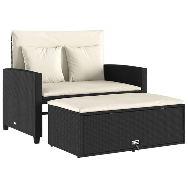 vidaXL Sofa ogrodowa z poduszkami, 2-osobowa, czarna, polirattan