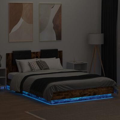 vidaXL Rama łóżka z wezgłowiem i LED, przydymiony dąb, 140x200 cm
