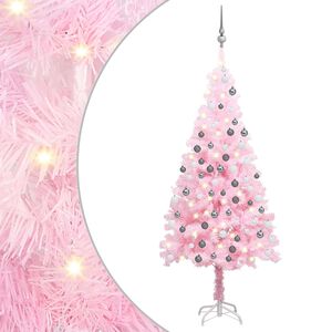 vidaXL Sztuczna choinka z lampkami i bombkami, r&oacute;żowa, 120 cm, PVC