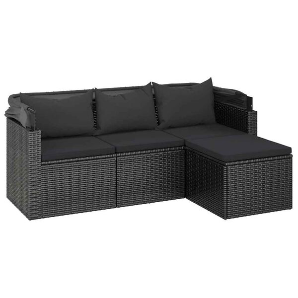 vidaXL 3-os. sofa ogrodowa z daszkiem i podn&oacute;żkiem, polirattan, czarna