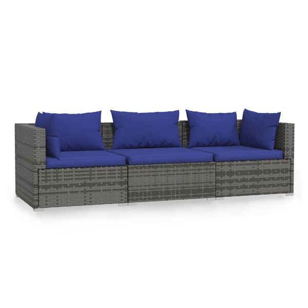 vidaXL 3-osobowa sofa ogrodowa z poduszkami, szary rattan PE