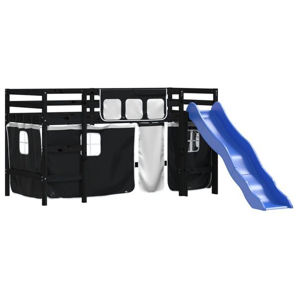 vidaXL Dziecięce ł&oacute;żko na antresoli, czarno-białe zasłonki, 90x200 cm