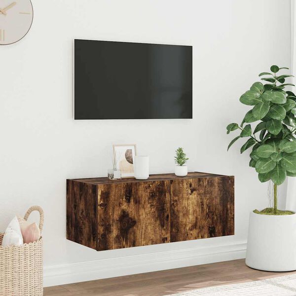 vidaXL Ścienna szafka TV z LED, przydymiony dąb, 80x35x31 cm