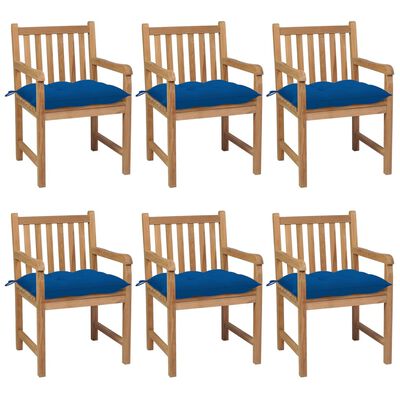 vidaXL Krzesła ogrodowe z niebieskimi poduszkami, 6 szt., tekowe