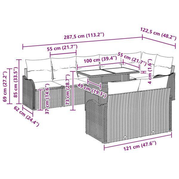 vidaXL Zestaw Sof na Ogród z poduszką 9 pcs Jasnoszary Rattan poli