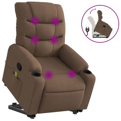 vidaXL Podnoszony fotel masujący, rozkładany, brązowy, obity tkaniną