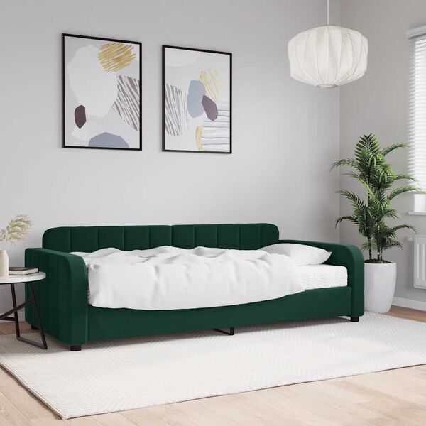 vidaXL Sofa z materacem do spania, ciemnozielona, 90x200 cm, aksamit