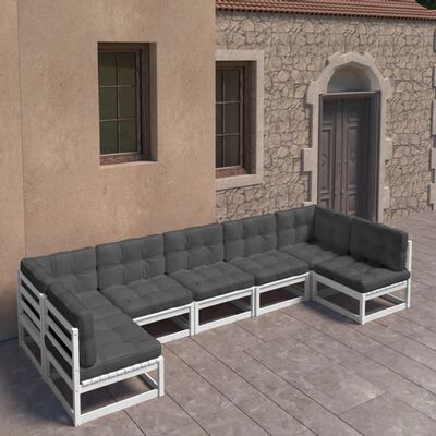 vidaXL 7-cz. zestaw wypoczynkowy do ogrodu, z poduszkami, biały, sosna