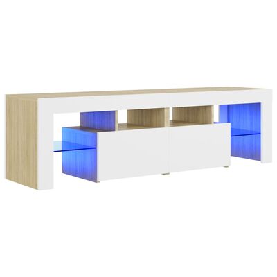 vidaXL Szafka TV z oświetleniem LED, biel i dąb sonoma, 140x36,5x40 cm