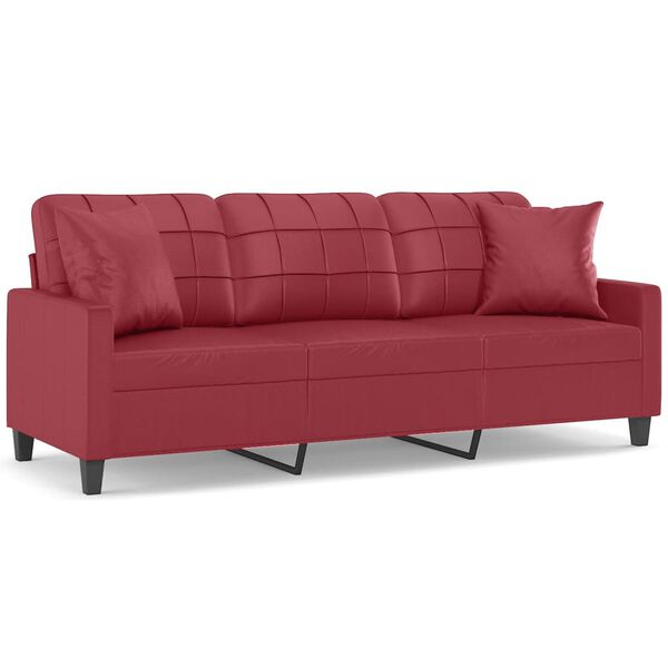 vidaXL 3-os. sofa z poduszkami, winna czerwień, 180 cm, sztuczna sk&oacute;ra