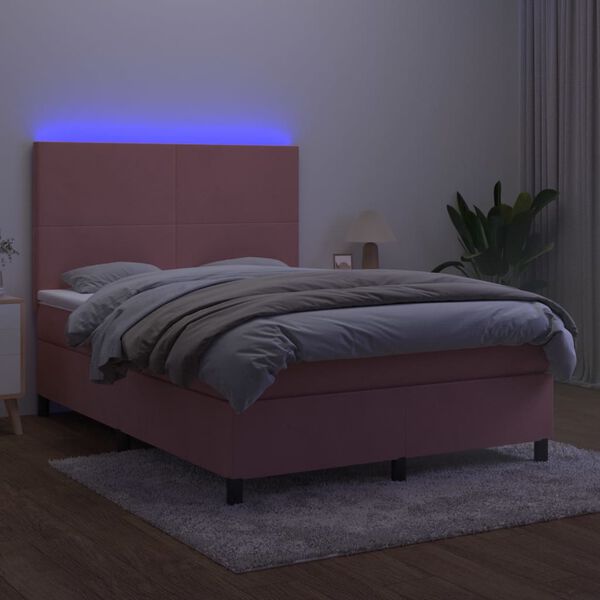 vidaXL Ł&oacute;żko kontynentalne z materacem i LED, r&oacute;żowy aksamit 140x190cm