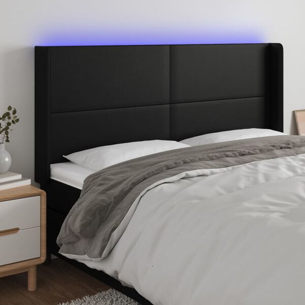 vidaXL Zagł&oacute;wek do ł&oacute;żka z LED, czarny 183x16x118/128cm sztuczna sk&oacute;ra