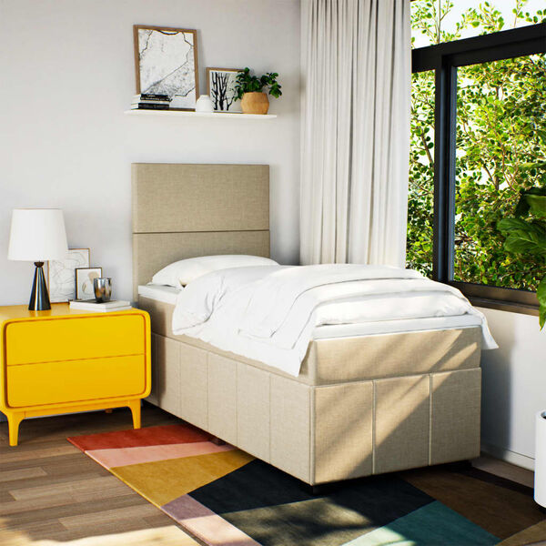 vidaXL Ł&oacute;żko kontynentalne z materacem, kremowe, tkanina, 90x200 cm