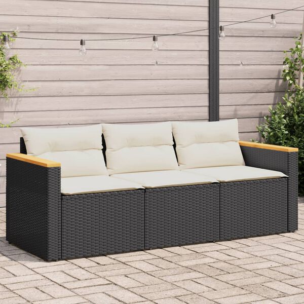 vidaXL Sofa ogrodowa z poduszkami, 3-osobowa, czarna, polirattan
