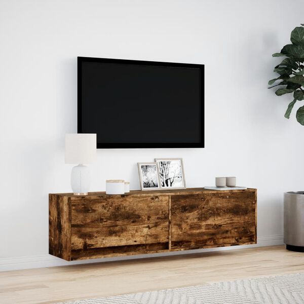 vidaXL Ścienna szafka TV z LED, przydymiony dąb, 140x31x38 cm
