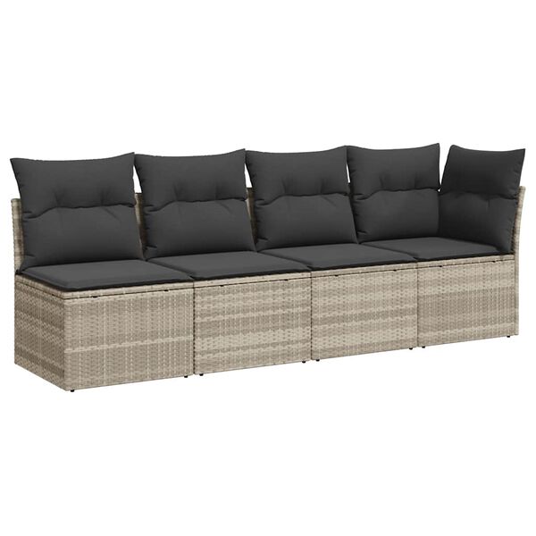 vidaXL Sofa ogrodowa z poduszkami, 4-osobowa, jasnoszara, polirattan