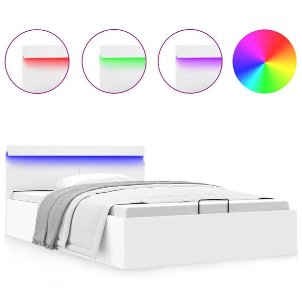vidaXL Rama ł&oacute;żka z podnośnikiem i LED, biała, ekosk&oacute;ra, 120 x 200 cm