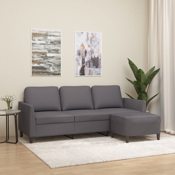 vidaXL 3-osobowa sofa z podn&oacute;żkiem, szary, 180 cm, sztuczna sk&oacute;ra