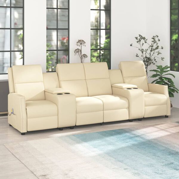 vidaXL Rozkładany fotel masujący z uchwytem, 4-os., kremowy, ekosk&oacute;ra