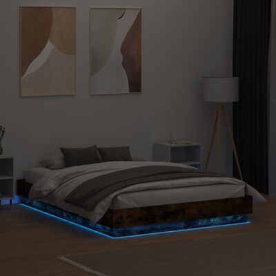 vidaXL Rama łóżka z oświetleniem LED, przydymiony dąb, 120x190 cm