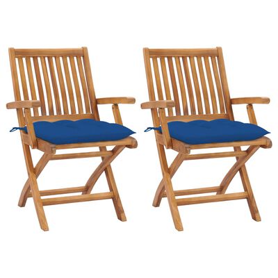 vidaXL Krzesła ogrodowe, 2 szt., niebieskie poduszki, drewno tekowe