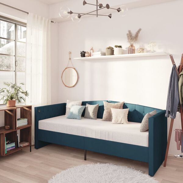 vidaXL Ł&oacute;żko dzienne z materacem i USB, niebieska tkanina, 90x200 cm