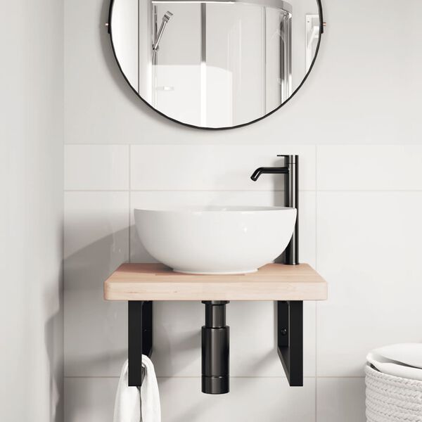 vidaXL Półka ścienna pod umywalkę, stal i lite drewno dębowe