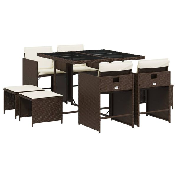 vidaXL 9-cz. zestaw mebli ogrodowych z poduszkami, brązowy, rattan PE