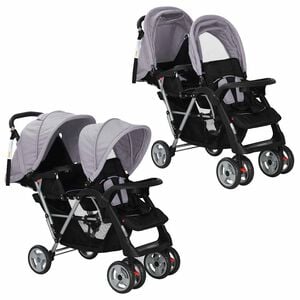 vidaXL W&oacute;zek spacerowy dla bliźniąt, tandem szaro-czarny