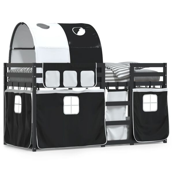 vidaXL Ł&oacute;żko piętrowe z zasłonkami, biało-czarne, 90x200 cm, sosnowe