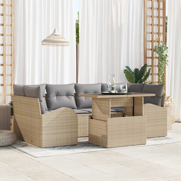 vidaXL Zestaw Sof na Ogr&oacute;d z poduszką 7 pcs Beżowy Rattan poli
