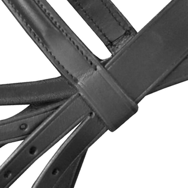 Sk&oacute;rzane ogłowie dla kuca z wędzidłem i wodzami, czarne