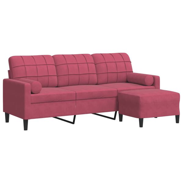 vidaXL 3-osobowa sofa z podnóżkiem winna czerwień 180 cm, aksamit