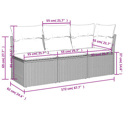 vidaXL Sofa ogrodowa z poduszkami, 3-osobowa, beż, polirattan