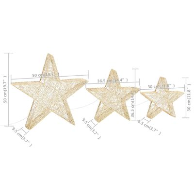 vidaXL Dekoracja świąteczna: 3 gwiazdy, złota siatka z LED