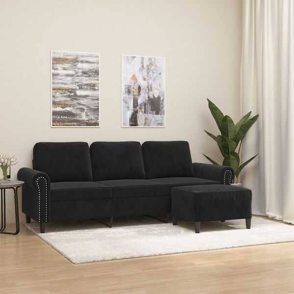 vidaXL 3-osobowa sofa z podnóżkiem, czarna, 180 cm, aksamit