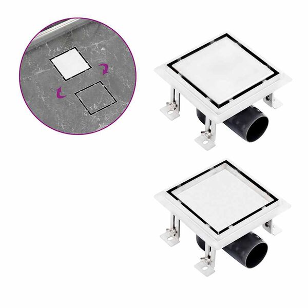 vidaXL Odpływ 2-w-1: gładki i na płytkę, 15x15 cm, stal nierdzewna