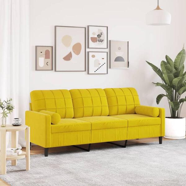 vidaXL 3-osobowa sofa z poduszkami, ż&oacute;łta, 180 cm, aksamit