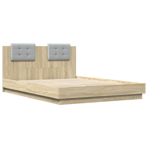 vidaXL Rama łóżka z wezgłowiem i LED, dąb sonoma, 140x200 cm