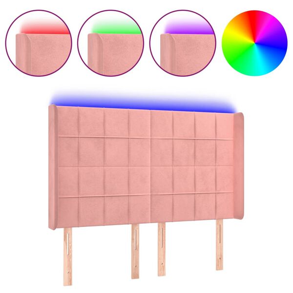 vidaXL Zagł&oacute;wek do ł&oacute;żka z LED, r&oacute;żowy, 147x16x118/128 cm, aksamit