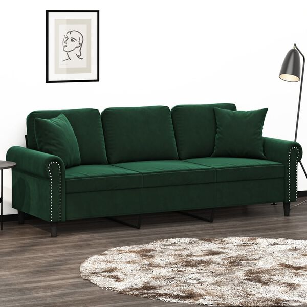 vidaXL 3-osobowa sofa z poduszkami, ciemnozielona, 180 cm, aksamit
