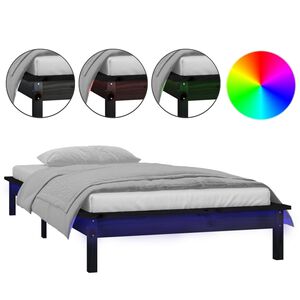 vidaXL Rama ł&oacute;żka z LED, czarna, 90x200 cm, lite drewno