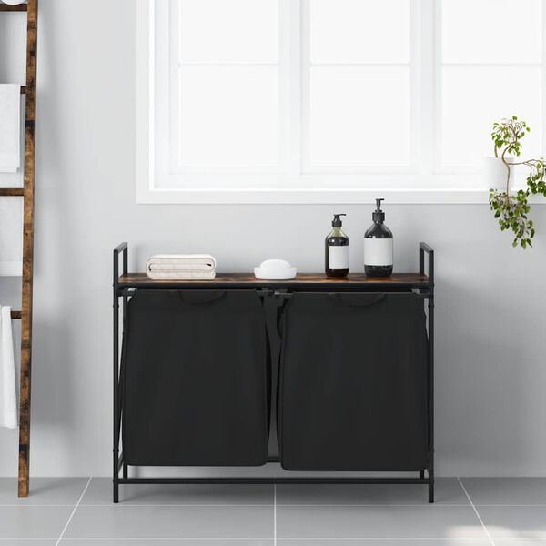 vidaXL Kosz na pranie 2 przegrody z półką, przydymiony dąb