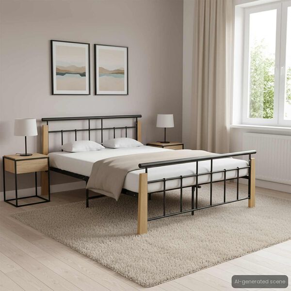 vidaXL Rama łóżka, metal i lite drewno dębowe, 140x200 cm