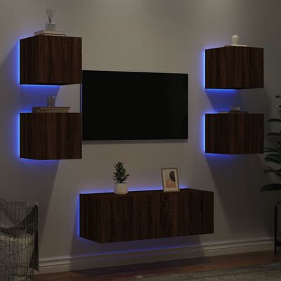 vidaXL 6-częściowy zestaw mebli TV z LED, brązowy dąb